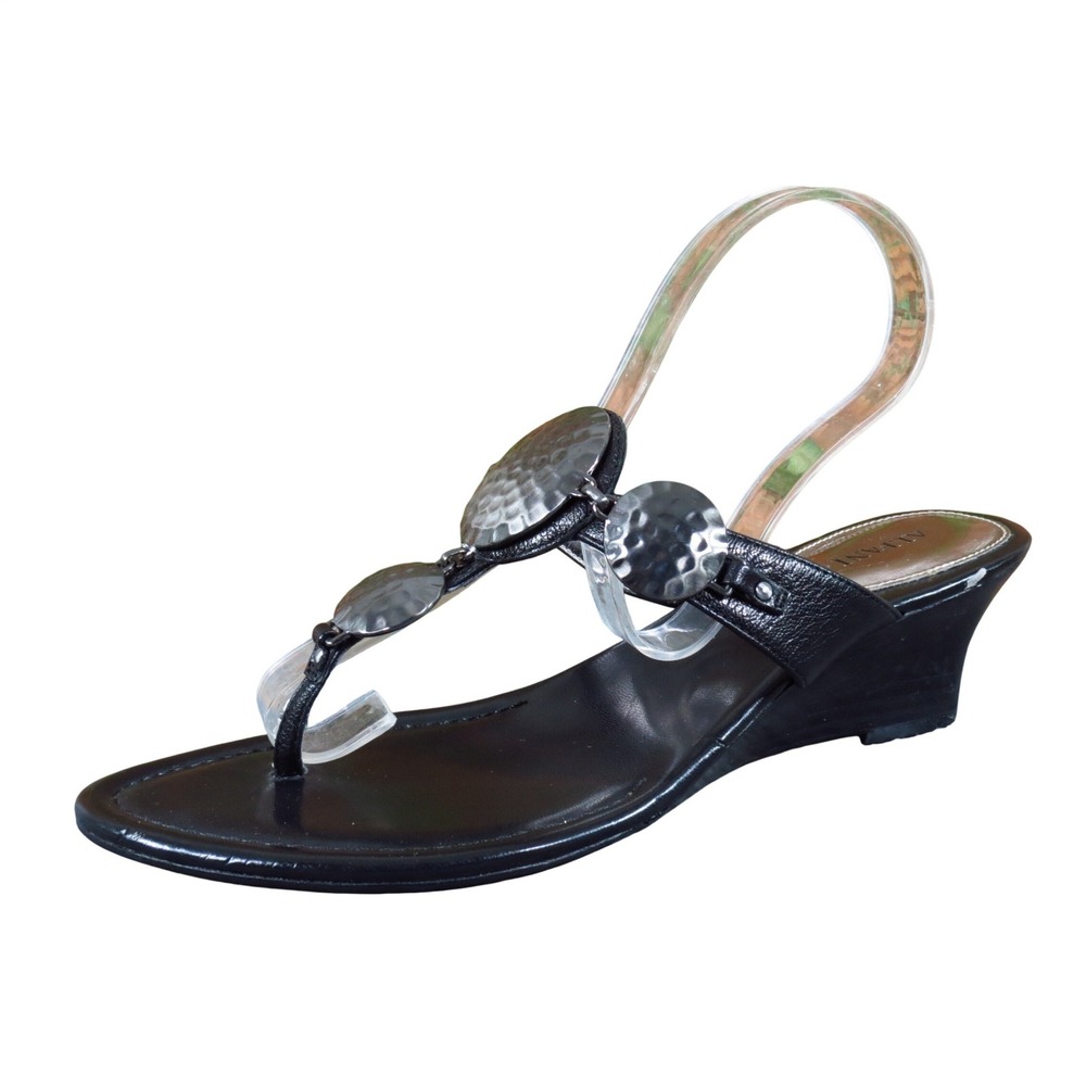 Alfani Kanika Women Wedge Sandal Size 8.5 Dressy Casual Black Leather Thong Heel